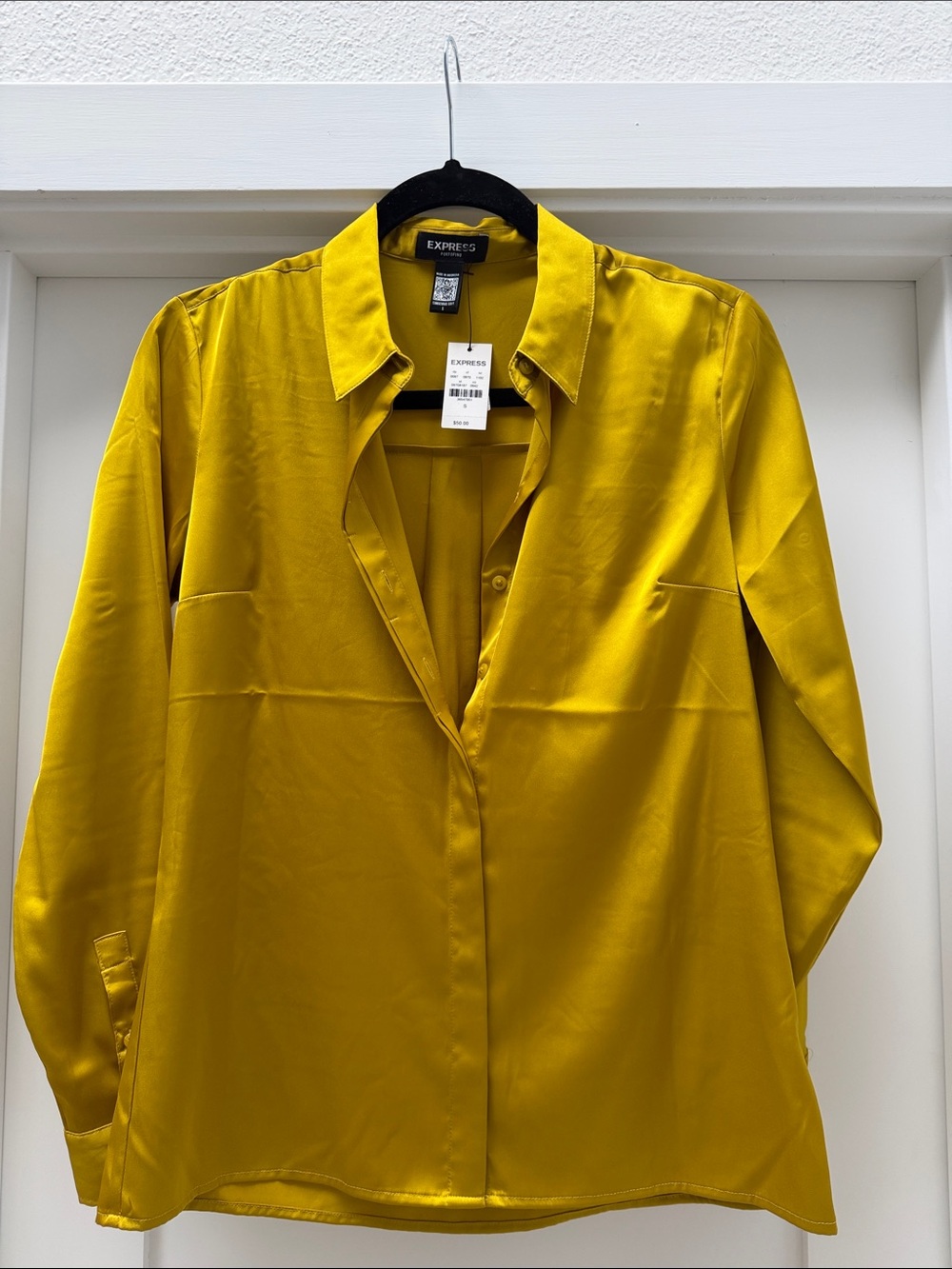 Express Men's Satin Button-Down Shirt — Mustard Yellow